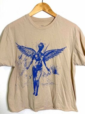 NIRVANA Angel in utero graphic band Beige Tee Tshirt S cropped grunge 90s rock